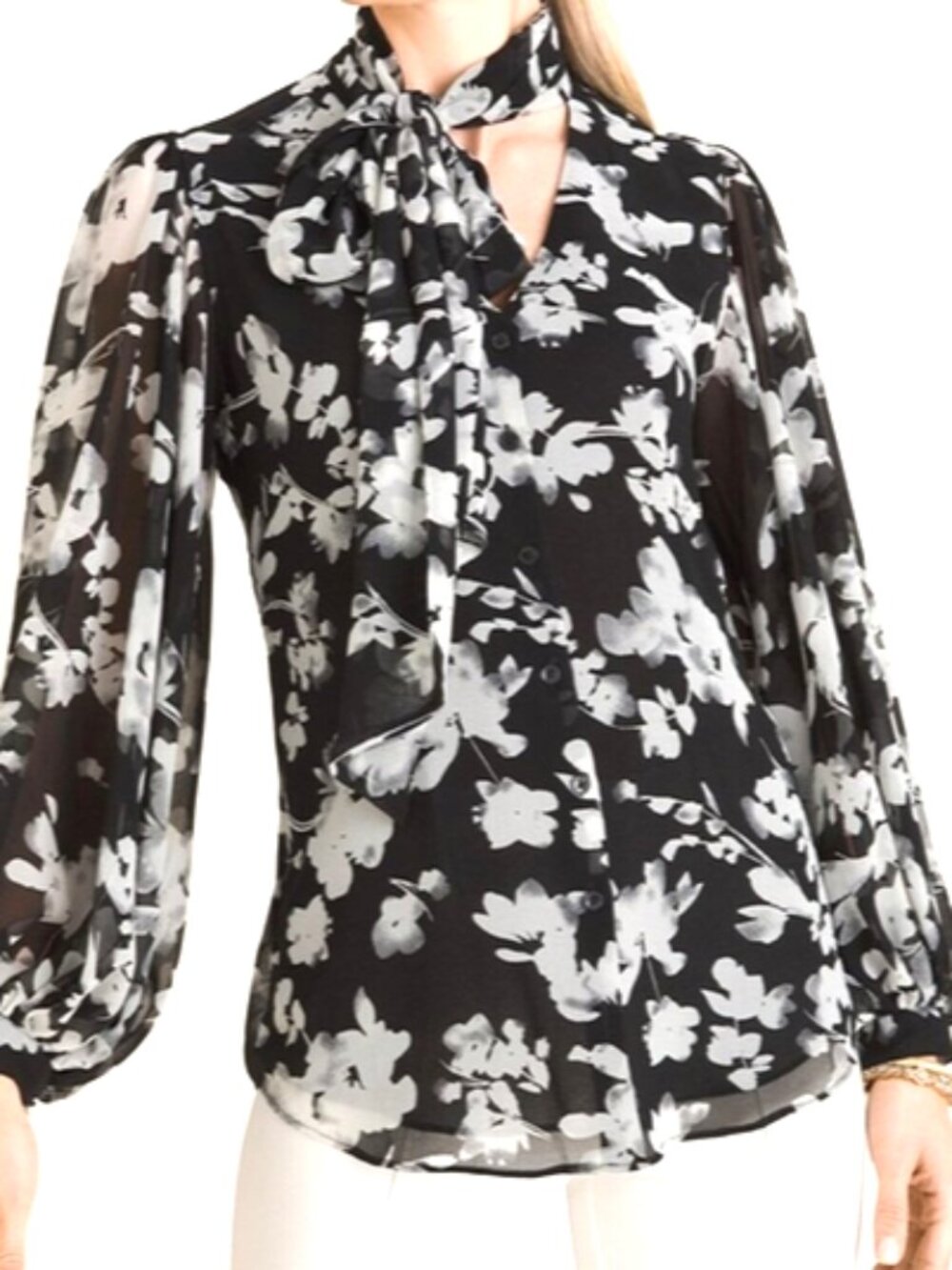 Chico's Semi Sheer Floral Lined Neck Tie Blouse size 2